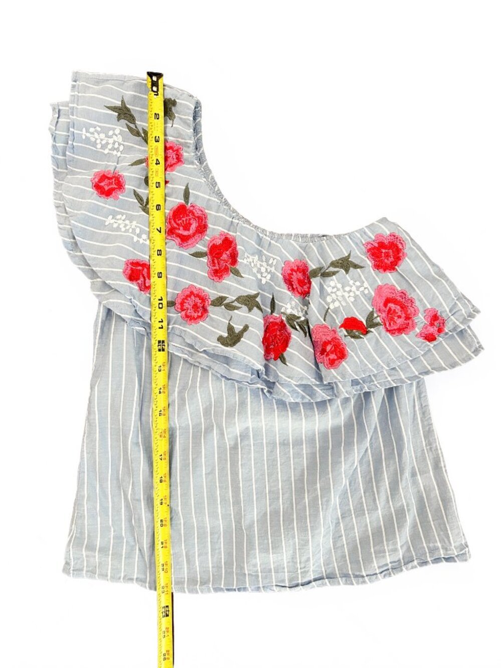 Francesca's Embroidered Floral One shoulder Ruffle Feminine Top XS 100% Cotton - Picture 3 of 8